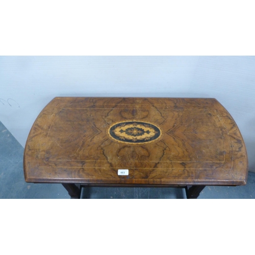 483 - Victorian walnut and marquetry-inlaid window table with shaped top, on platform base with adjoining ... 