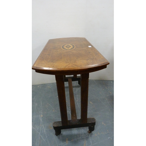 483 - Victorian walnut and marquetry-inlaid window table with shaped top, on platform base with adjoining ... 