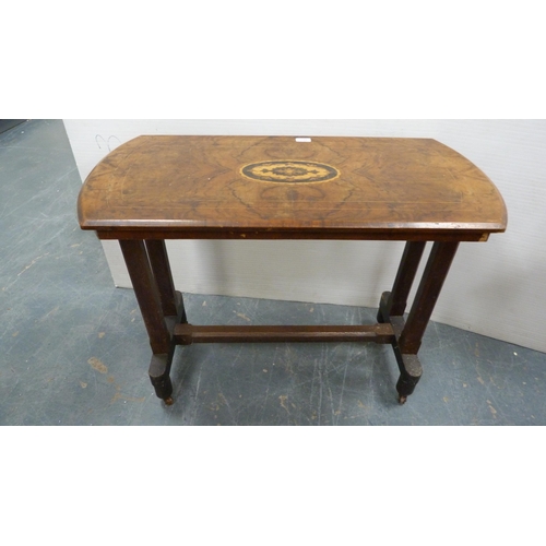 483 - Victorian walnut and marquetry-inlaid window table with shaped top, on platform base with adjoining ... 