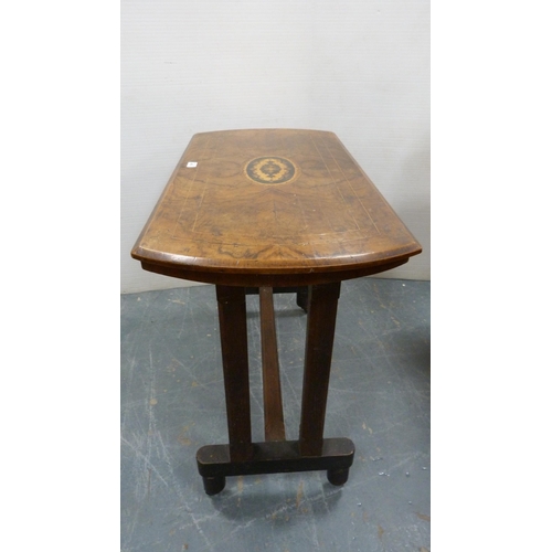 483 - Victorian walnut and marquetry-inlaid window table with shaped top, on platform base with adjoining ... 