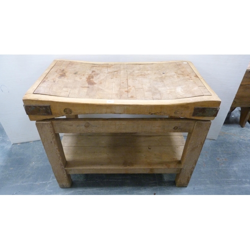 485 - French-style pine butcher's block with shaped, curved top, metal brackets, on a pine stand, c. 1920,... 