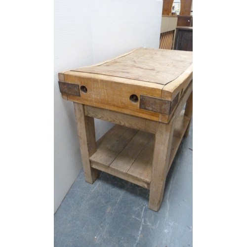 485 - French-style pine butcher's block with shaped, curved top, metal brackets, on a pine stand, c. 1920,... 