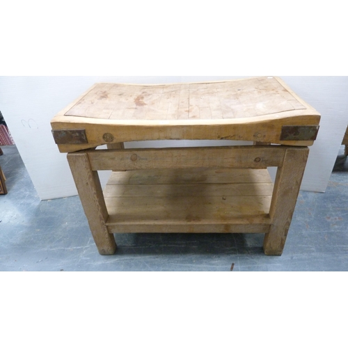 485 - French-style pine butcher's block with shaped, curved top, metal brackets, on a pine stand, c. 1920,... 