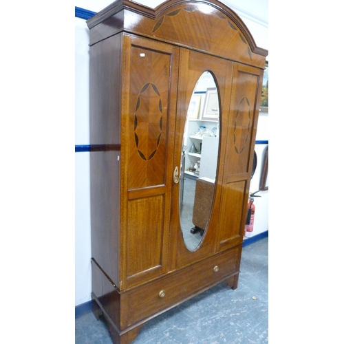 494 - Early 20th century mahogany inlaid mirror-door wardrobe.