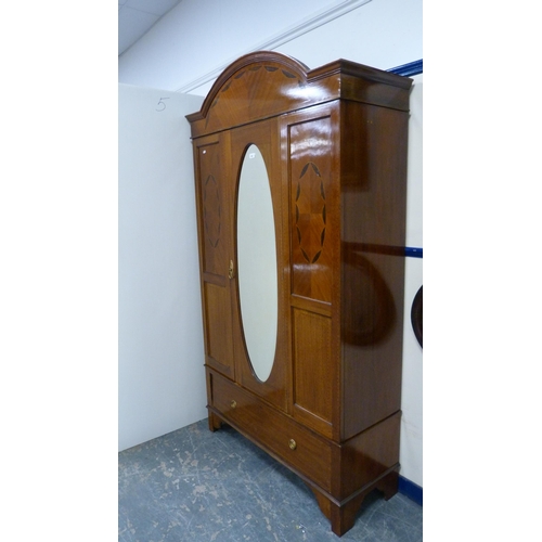 494 - Early 20th century mahogany inlaid mirror-door wardrobe.