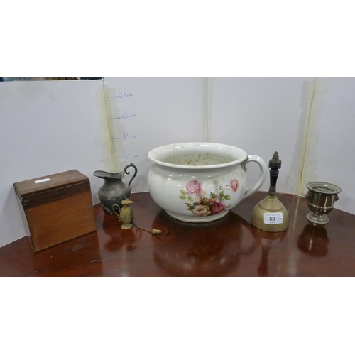 50 - Brass bell with turned handle, chamber pot, box and EP items.