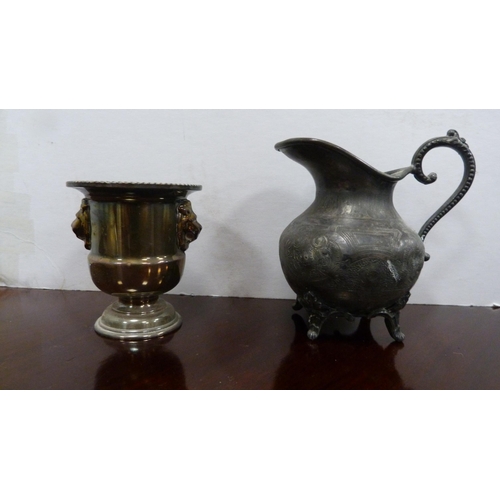 50 - Brass bell with turned handle, chamber pot, box and EP items.