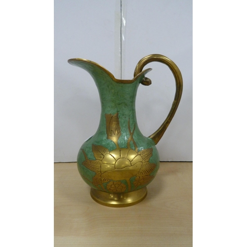 51 - Trench art brass tankard bearing a map of the Mediterranean Sea, brass jug and a bowl with swing han... 