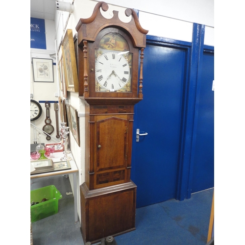 518 - Early 19th century oak and mahogany banded eight day longcase clock, named to W Palmer of Langholm, ... 