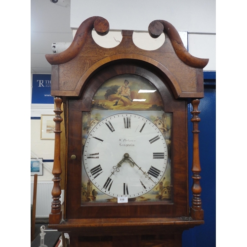 518 - Early 19th century oak and mahogany banded eight day longcase clock, named to W Palmer of Langholm, ... 