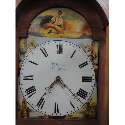 518 - Early 19th century oak and mahogany banded eight day longcase clock, named to W Palmer of Langholm, ... 