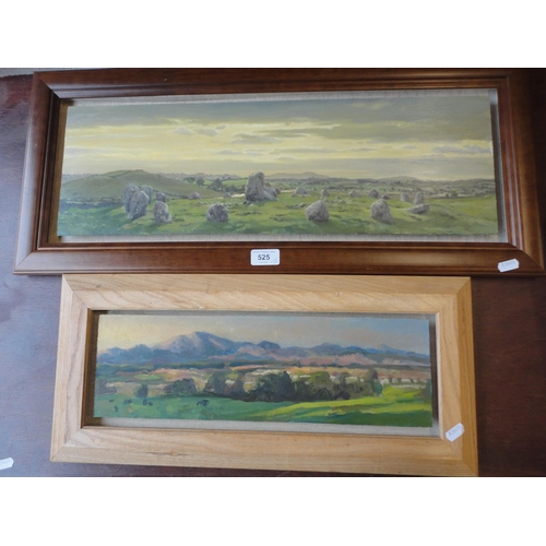 525 - Framed oil on board of standing stones, and another of a landscape scene.  (2)