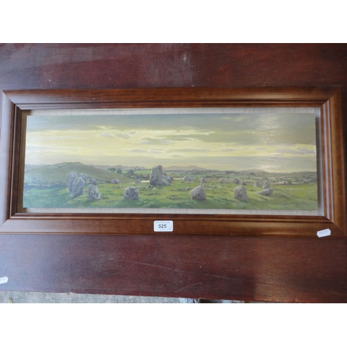 525 - Framed oil on board of standing stones, and another of a landscape scene.  (2)