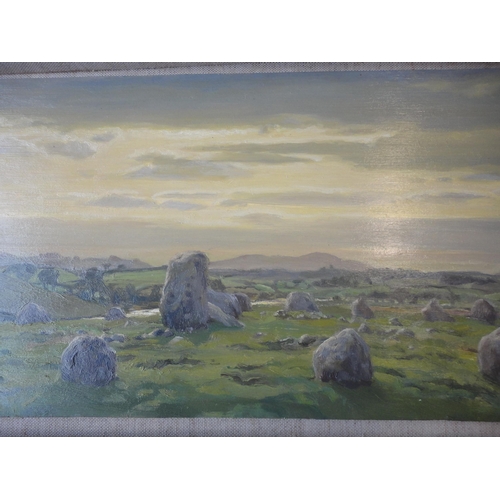 525 - Framed oil on board of standing stones, and another of a landscape scene.  (2)