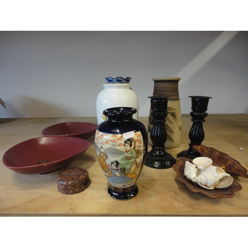 530 - Pair of wooden candle holders, shells, bowls, assorted vases etc.