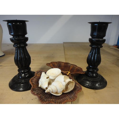 530 - Pair of wooden candle holders, shells, bowls, assorted vases etc.