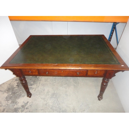 576 - 19th century mahogany library table on turned supports.