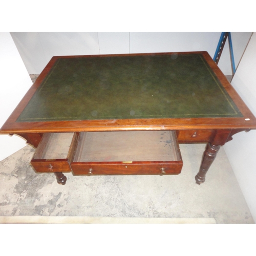 576 - 19th century mahogany library table on turned supports.