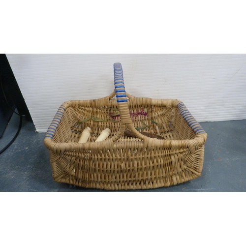 82 - Watering can, pail, dental surgeon sign, Dow's Port 1977 wooden box, plaque, basket etc.