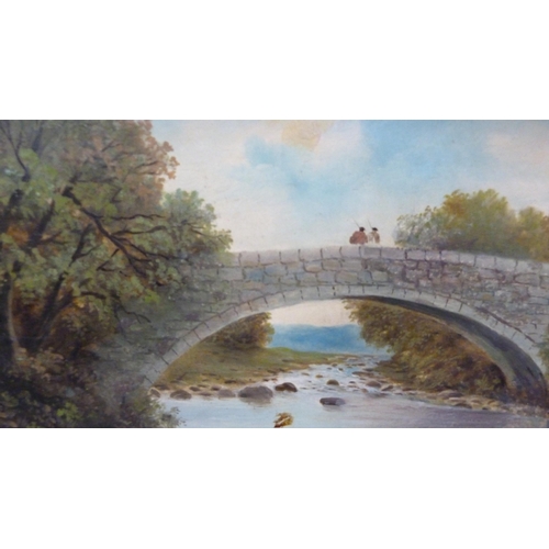 84 - B JamiesonBridge near AberdeenOil on board, and landscape scene, initialled RWM bottom right, waterc... 