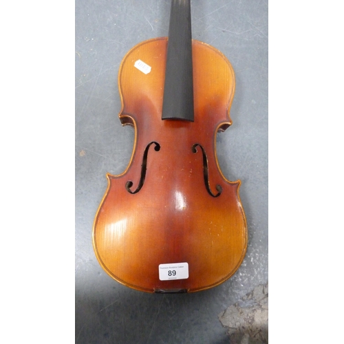 89 - Stradivarius copy violin with bow, in fitted case.