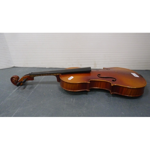 89 - Stradivarius copy violin with bow, in fitted case.