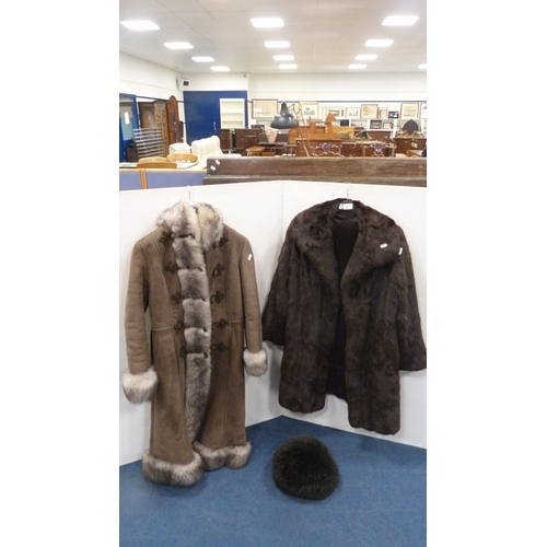 9 - Lady's simulated fur coat, similar hat, and a suede and simulated fur coat.  (3)