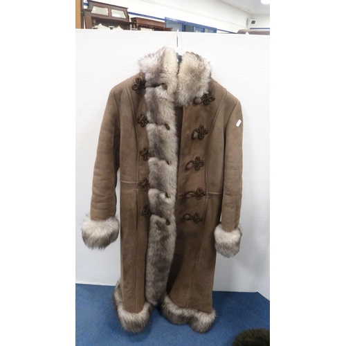 9 - Lady's simulated fur coat, similar hat, and a suede and simulated fur coat.  (3)