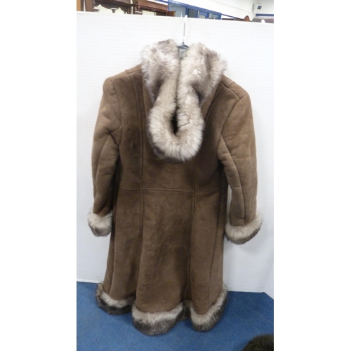 9 - Lady's simulated fur coat, similar hat, and a suede and simulated fur coat.  (3)