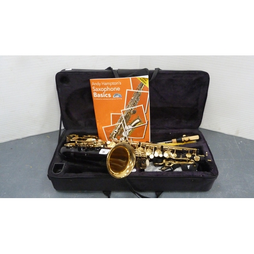 96 - Ammoon alto saxophone with accessories, book and fitted case.