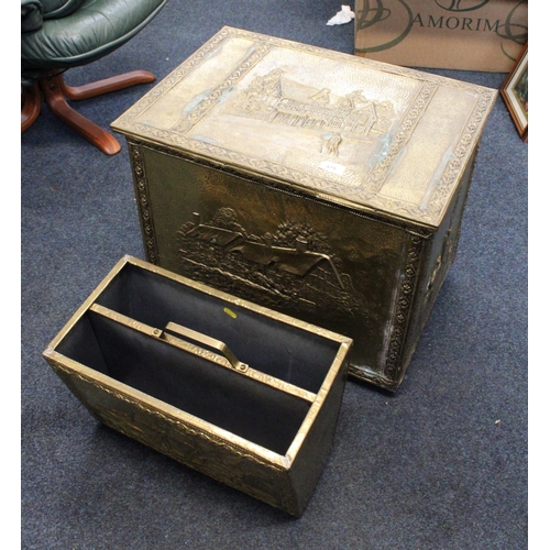 575 - Vintage brass log box and magazine rack.