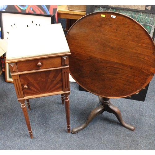 576 - Bedside table with marble glass top and a circular occasional table.  (a/f)