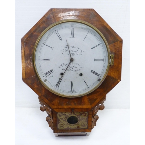 303 - Victorian walnut octagonal drop dial wall clock by the Newhaven Clock Company, USA, with twin train ... 