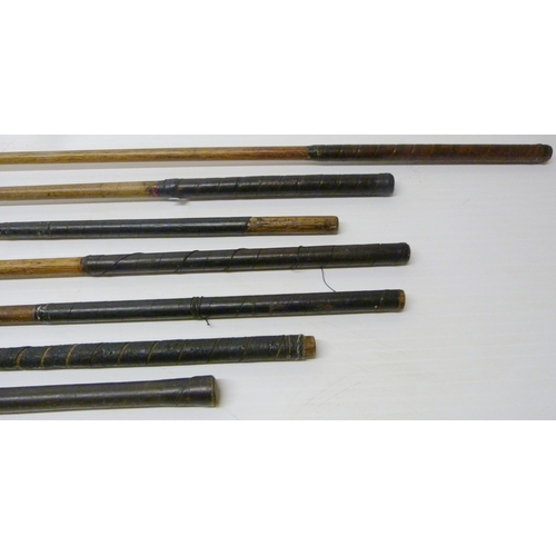 412 - Group of seven antique Scottish hickory-shafted and metal golf clubs to include a long iron, stamped... 