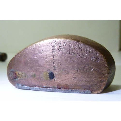 412 - Group of seven antique Scottish hickory-shafted and metal golf clubs to include a long iron, stamped... 