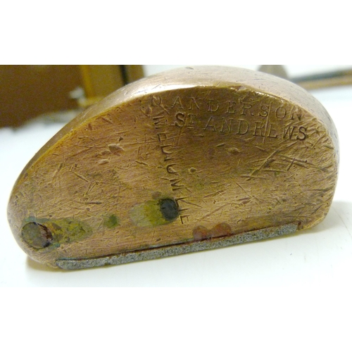 412 - Group of seven antique Scottish hickory-shafted and metal golf clubs to include a long iron, stamped... 