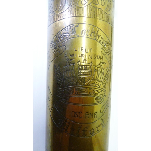 379 - Trench Art - WWI period brass shell case dinner gong, engraved to the obverse Lieut E Wilkinson, Lot... 