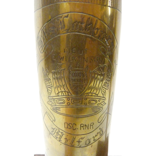 379 - Trench Art - WWI period brass shell case dinner gong, engraved to the obverse Lieut E Wilkinson, Lot... 