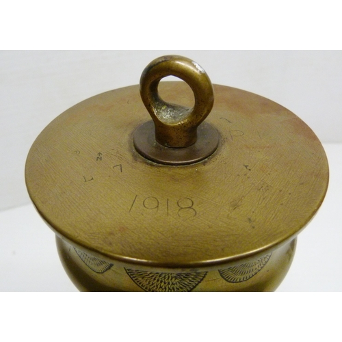 379 - Trench Art - WWI period brass shell case dinner gong, engraved to the obverse Lieut E Wilkinson, Lot... 