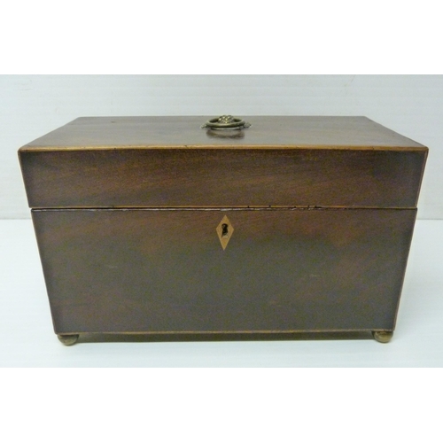 393 - George III mahogany and boxwood strung tea caddy, 16.5cm high, 27cm wide and 14cm deep, a 19th centu... 