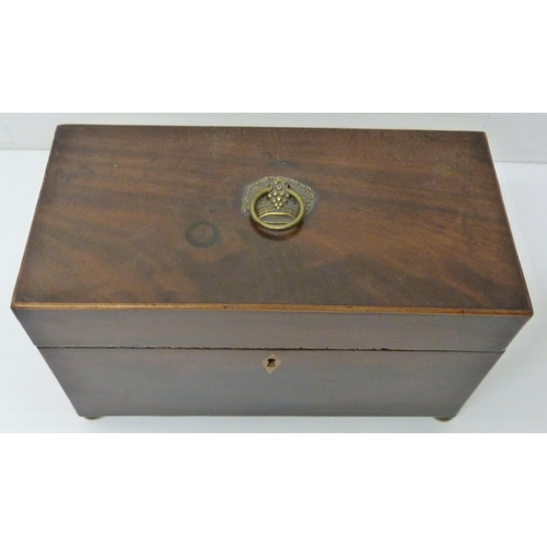 393 - George III mahogany and boxwood strung tea caddy, 16.5cm high, 27cm wide and 14cm deep, a 19th centu... 