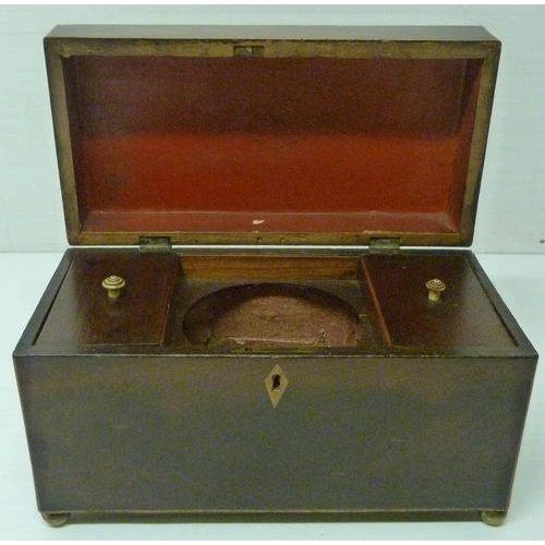 393 - George III mahogany and boxwood strung tea caddy, 16.5cm high, 27cm wide and 14cm deep, a 19th centu... 