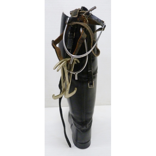 411 - Pair of black leather riding boots with wooden trees and ring pull handle, label for 'Alan McAfee, 3... 