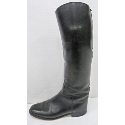 411 - Pair of black leather riding boots with wooden trees and ring pull handle, label for 'Alan McAfee, 3... 