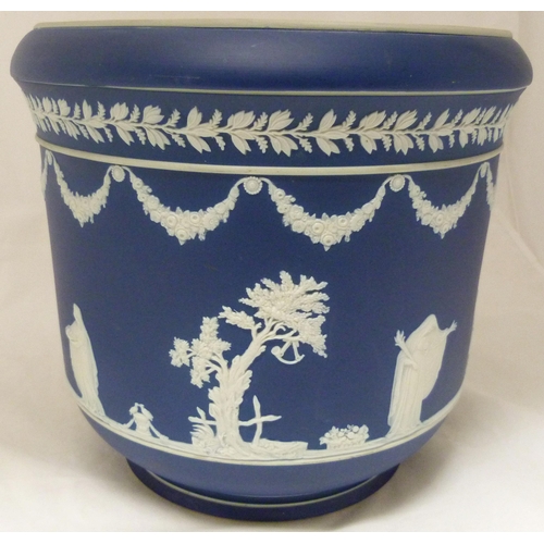 309 - Wedgwood blue Jasper ware jardinière with relief decoration of classical figures and fruiting... 