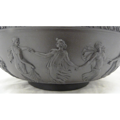 311 - Wedgwood black basalt fruit bowl with relief decoration of entwined classical figures and acanthus b... 