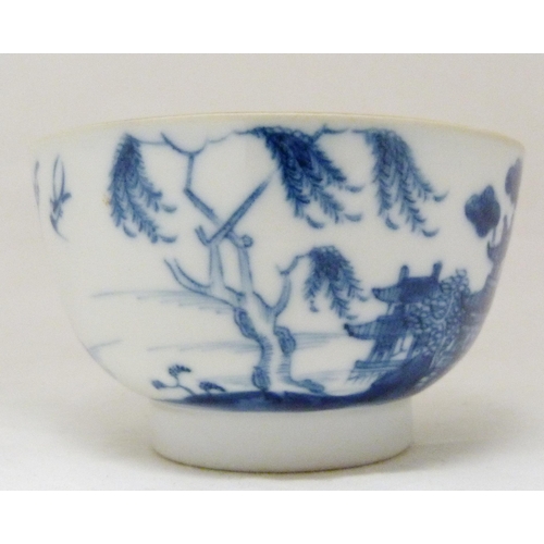 317 - Two 18th century Caughley blue and white porcelain tea bowls, both bearing Chinese garden patterns, ... 