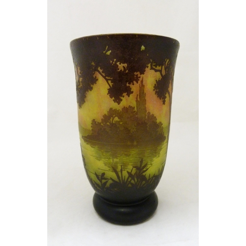 335 - Daum Nancy French cameo glass celery-shaped vase in the Art Deco taste, decorated with a continuous ... 