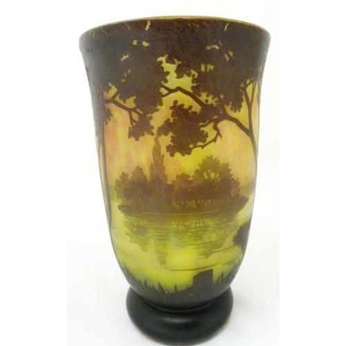 335 - Daum Nancy French cameo glass celery-shaped vase in the Art Deco taste, decorated with a continuous ... 