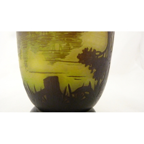 335 - Daum Nancy French cameo glass celery-shaped vase in the Art Deco taste, decorated with a continuous ... 